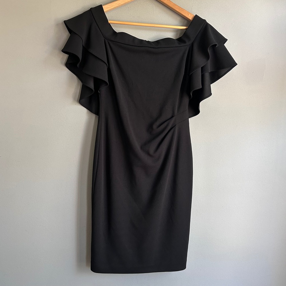 Lauren Ralph Lauren Black Ruffle Cape Sleeve Ruched Cocktail Dress 4